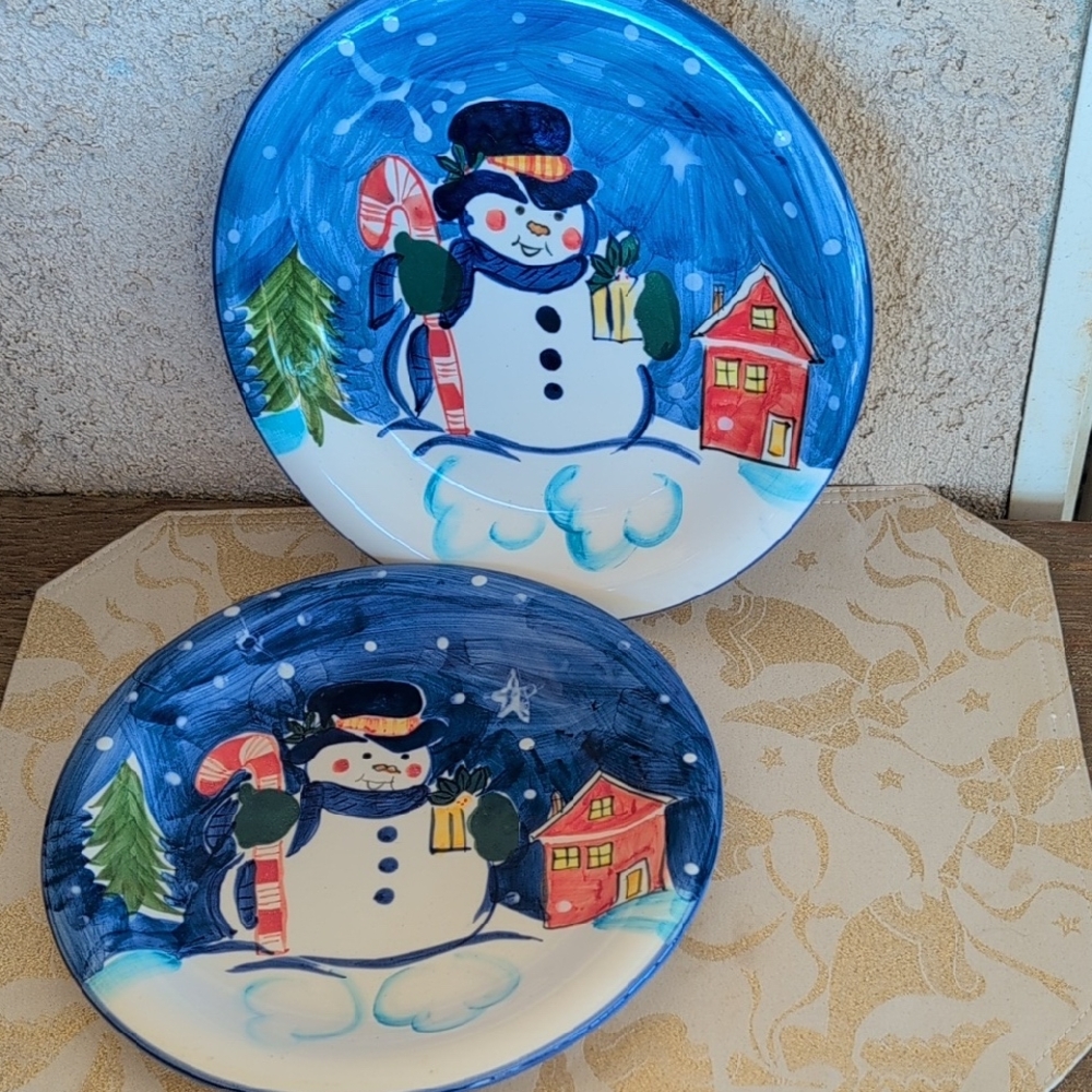 2 Festive Hand Painted Snowman Dinner Plates Christmas Holiday